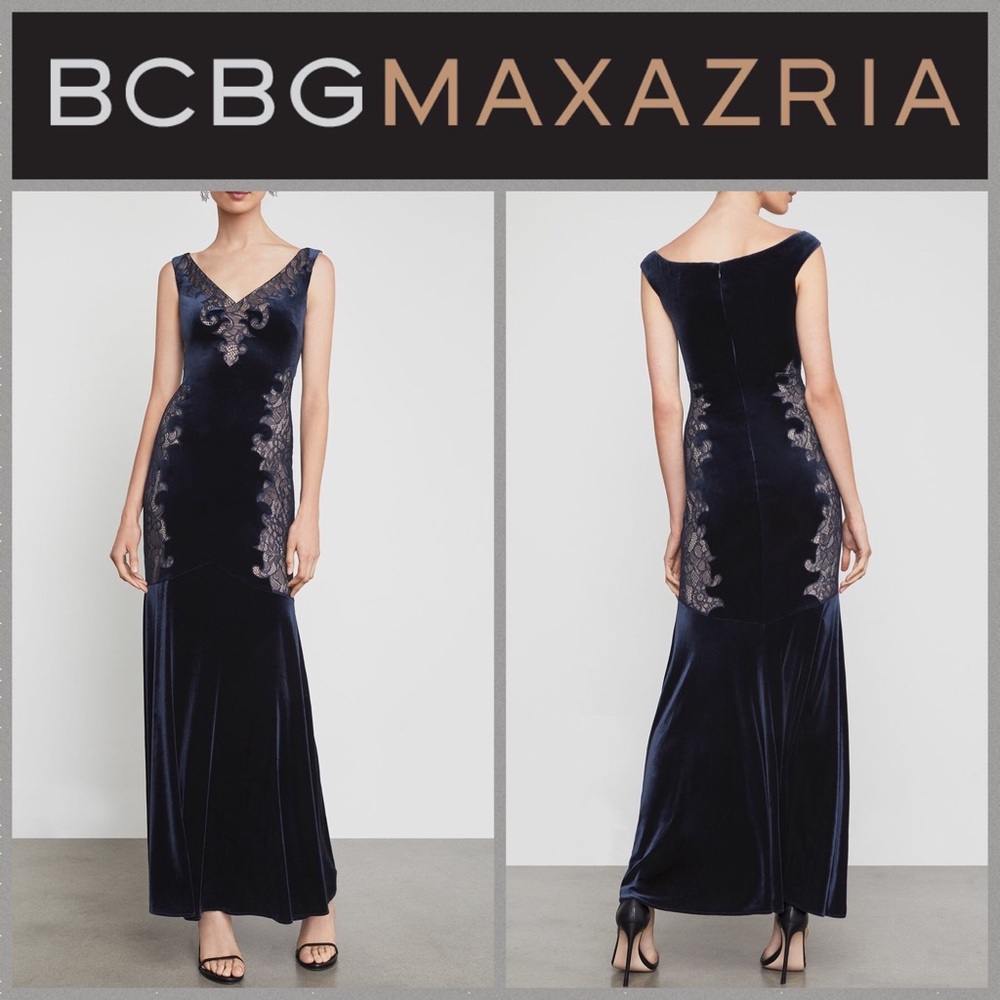 BCBGMAXAZRIA Velvet Lace Appliqué Gown